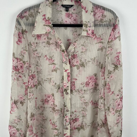 Conrad C Top Blouse Size 10 Pink Floral Long Sleeve Sheer Button Down Polyester - Picture 1 of 9